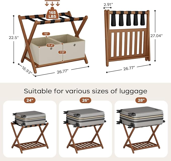Fully Assembled Walnut Luggage Racks Set of 2 with 4 Storage Boxes, 26.77" Bamboo Luggage Rack Stand for Guest Room, 5 Nylon Straps, Folding Suitcase Stand with Storage Shelf for Bedroom Hotel
