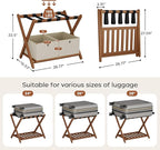 Fully Assembled Walnut Luggage Racks Set of 2 with 4 Storage Boxes, 26.77" Bamboo Luggage Rack Stand for Guest Room, 5 Nylon Straps, Folding Suitcase Stand with Storage Shelf for Bedroom Hotel