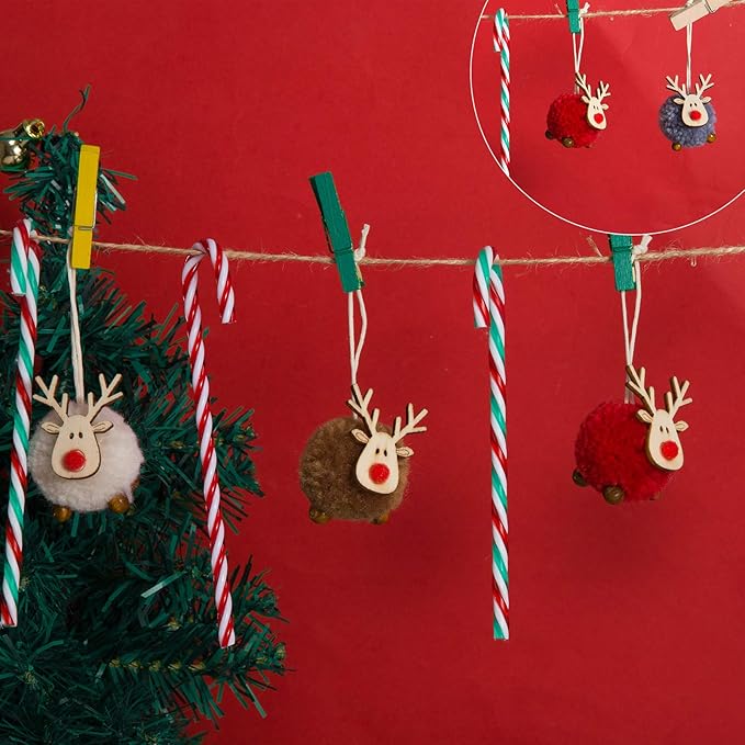 12 Pack Christmas Felt Elk Hanging Ornaments- Christmas Tree Wooden Reindeer Hanging Pendants Decorations for Xmas Party Tree Home Decor(4 Colors)