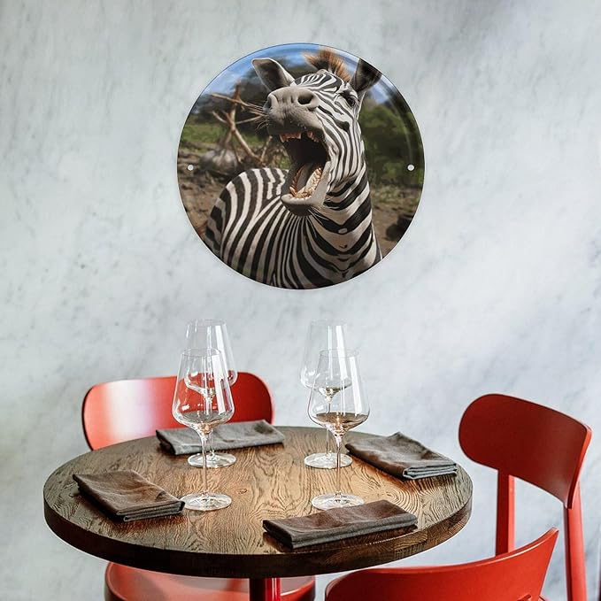 Wall Picture, with Funny Zebra Printed Circular Iron Hanging Picture,Wall Art Decor,Home for Bedroom Living Room Bathroom Decor,Iron Painting 11.8X11.8 in