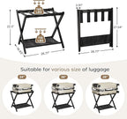 26.77" Full Assembled Luggage Rack for Guest Room, Set of 2 Bamboo Foldable Suitcase Stand, Bedroom & Hotel, Folding Luggage Holder with 5 Nylon Straps, 600D Oxford Fabric Shelf Black