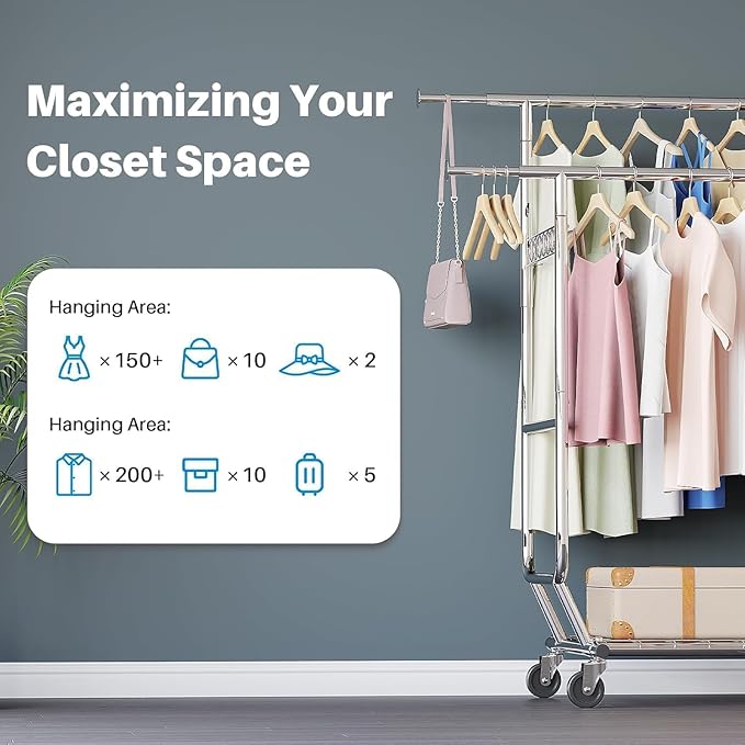 HOKEEPER Clothes Rack Heavy Duty Clothing Rack Load 650 LBS Collapsible Garment Rack with Wheels Double Rod Clothes Rack for Hanging Clothes Commercial Portable Closet Rack with Shelves 22"D*75"W*68"H