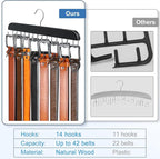 Belt Hanger for Closet Max 42 Belts, Sturdy Wood Belt Rack Closet Accessories with 14 Hooks Belt Organizer for Closet Organizers and Storage -Black 1 Pack