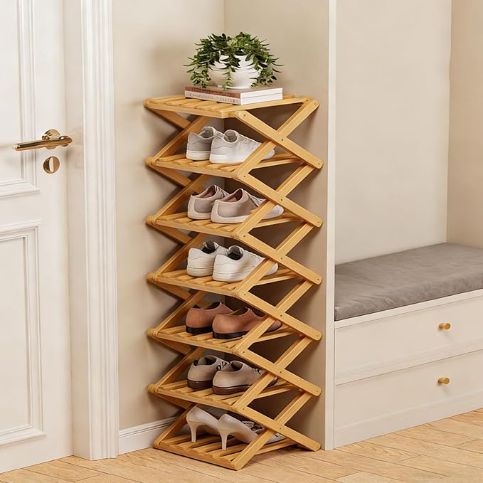 The 9-Tier No-Assembly Bamboo Rack, Foldable Space-Saving Organizer for Shoes, No Assembly Narrow Shoe Shelf for Entryway Closet Dorm (Yellow, 7)