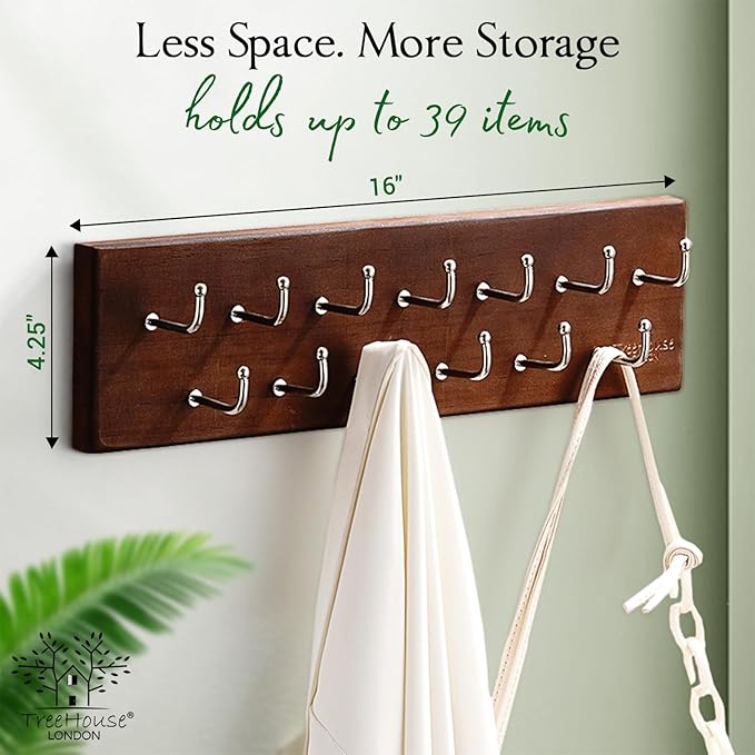 Treehouse Belt Organizer Rack, Holds Over 28 Large Belts, Sturdy Metal & Sturdy Wood Storage Holder for Closet, Versatile, Wall Mounted Belt & Tie Display Hanger for Bedroom - (Walnut) 4.25''Hx16''L