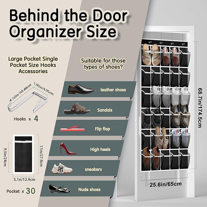 Over the Door Shoe Organizer with 30 Breathable Mesh Pockets - Large Capacity Closet Storage for Men & Women, Hanging Shoe Rack Organizer (Black, 30-Pocket)