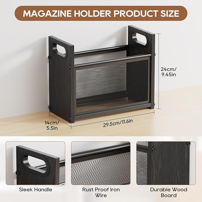 Magazine Rack Wood, Magazine Rack Floor Stand, Magazine Holder Storage Basket, Black File Storage Basket Box Bin Folder Organizer Stand for Letters, Magazines, Books, Newspapers