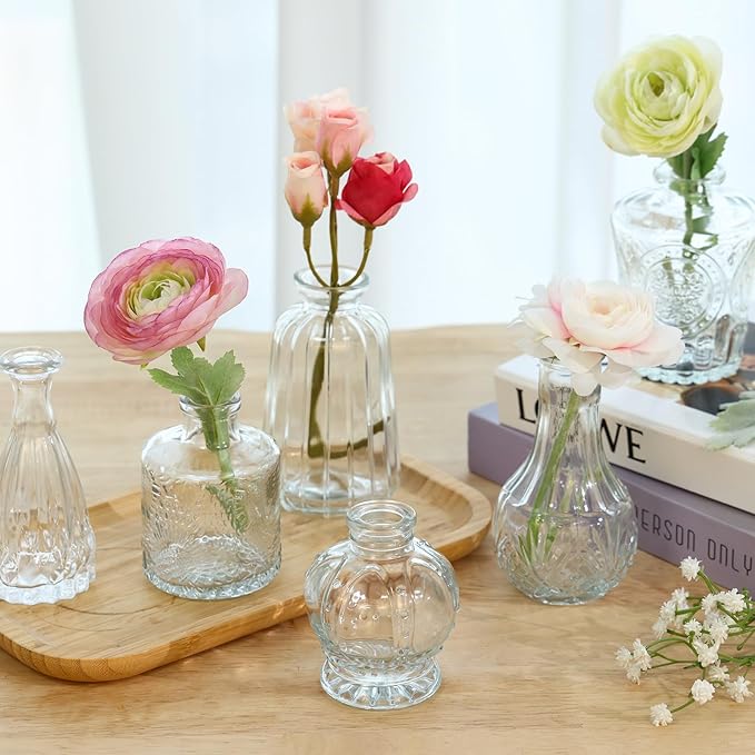 CUCUMl 24 Pack Glass Bud Vases in Bulk for Centerpieces, Clear Vintage Decorative Small Vases for Flowers, Wedding Rustic Home Table Decor