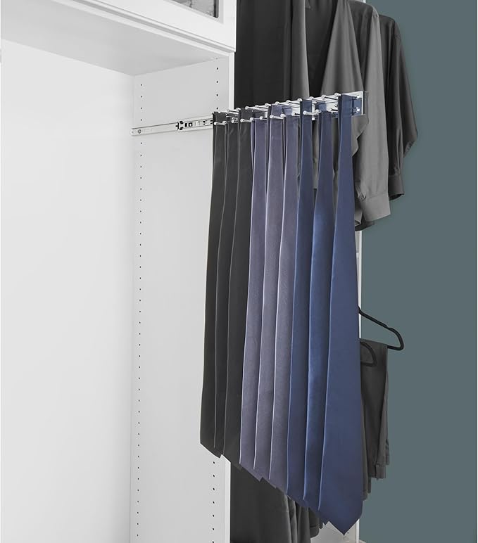Rev-A-Shelf Pullout 14 Inch Side Mount Extending Closet Tie and Belt Organization Storage Rack Holder for Up to 25 Ties, Chrome, TRC-14CR