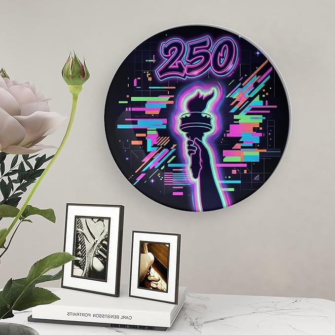 250th Anniversary Decorative Plates 8 Inch Patriotic Decorations Liberty Neon Glitch Commemorative Plates with Stand Memorial Day 4th of July Veterans Day Home & Office