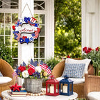 Wooden 4th of July Decorations Patriotic Wreath Independence Day Decorations Front Door with Star Sign Welcome Memorial Day Hanging for Home Wall Decor Outdoor Indoor Red White and Blue Wreath