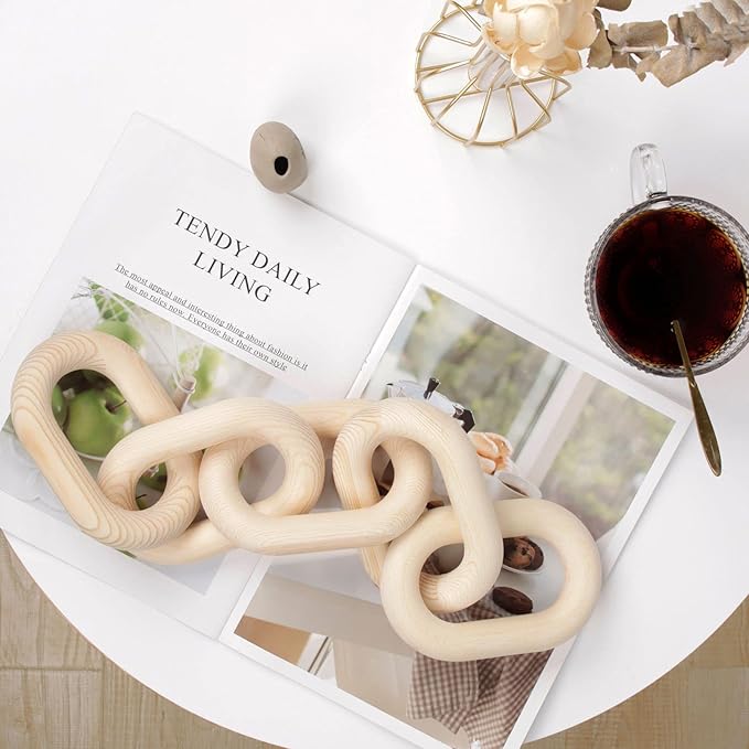 HMASYO Wood Chain Link Decor, 5-Link Wooden Decorative Chain Home Decor Accents, Coffee Table Decor, Shelf Decor Aesthetic, Bookshelf Table Decorative Objects for Living Room, Housewarming Gifts