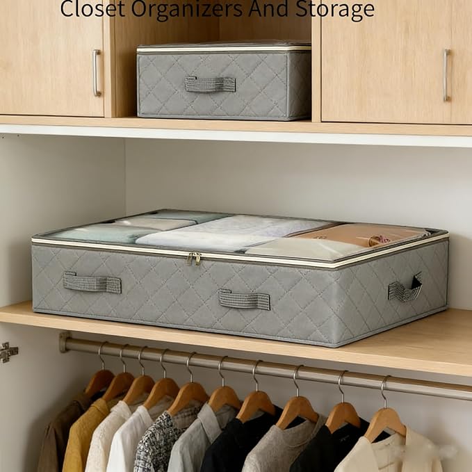 4 Pack Under Bed Storage, Closet Organizers and Storage Containers with Clear Window Foldable Underbed Storage Bags for Clothes,Shoes, Blankets Pillows, Linen Sheets, Grey 60L