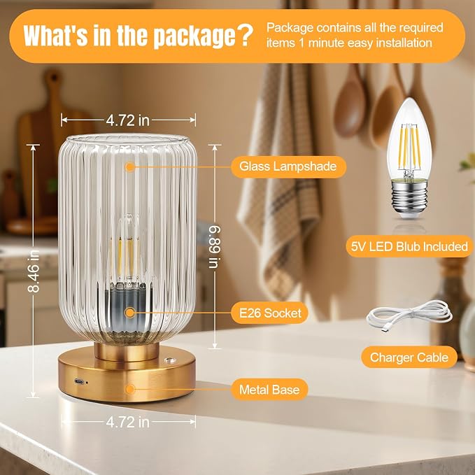 Touch Table Lamp for Nightstand - Small Bedside Lamps for Night Stands Bedroom Living Room, Dimmable Rechargeable Desk Lamp Battery Operated with Clear Glass Shade, Bulb Included