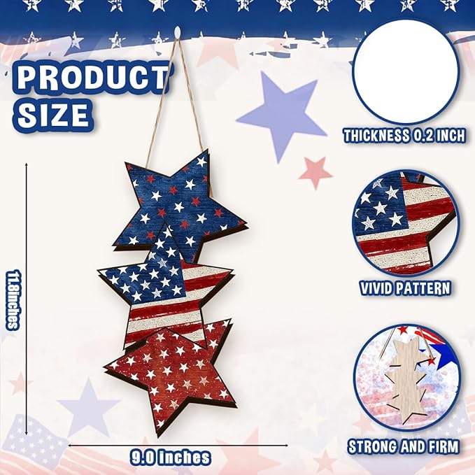 Wooden 4th of July Decorations Patriotic Wreaths for Front Door Independence Day Decorations Star Sign Welcome Memorial Day Hanging for Home Wall Decor Outdoor Indoor Red White and Blue Wreath 5