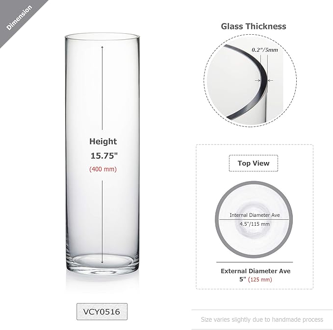 WGV Cylinder Vase, Diameter 5", Height 16", Clear Glass Floral Planter Container, Tall Centerpiece Arrangement for Wedding Party Event Home Office Decor, 1 Piece