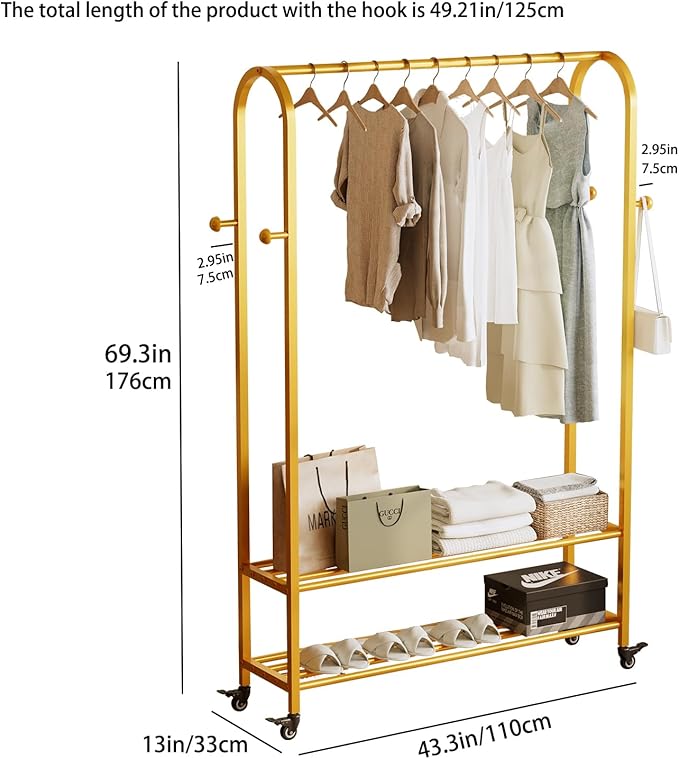 Sturdy Heavy Duty Clothes Rack With Wheels,Modern Clothing Rack With Shelves & hooks, Garment Racks for Hanging Clothes,Closet Rack for Bedroom,49.21in Wide,Clothes Storage and Display (gold)