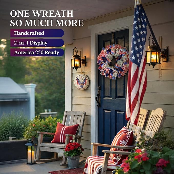 250th Anniversary Patriotic Wreaths for Front Door, 24 Inch Large 4th of July Wreath with Removable 1776-2026 Eagle Door Sign, Handcrafted Memorial Day Decorations with Light &Storage Bag