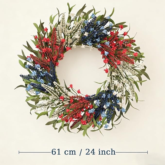 TEMPUS 24 Inch Artificial Wheat Wreath for Front Door, Handcrafted Red White Blue Patriotic Wreath with Willow Leaves, Americana Decor for Memorial Day, 4th of July, Independence Day, Summer Holiday