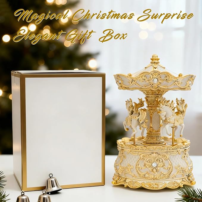 Carousel Horse Music Box, Vintage Gold Ivory Rotating Carousel Decor with Wind Up Musical Movement, Luxury Christmas Tabletop Decoration Gift for Women Mom Couples Kids
