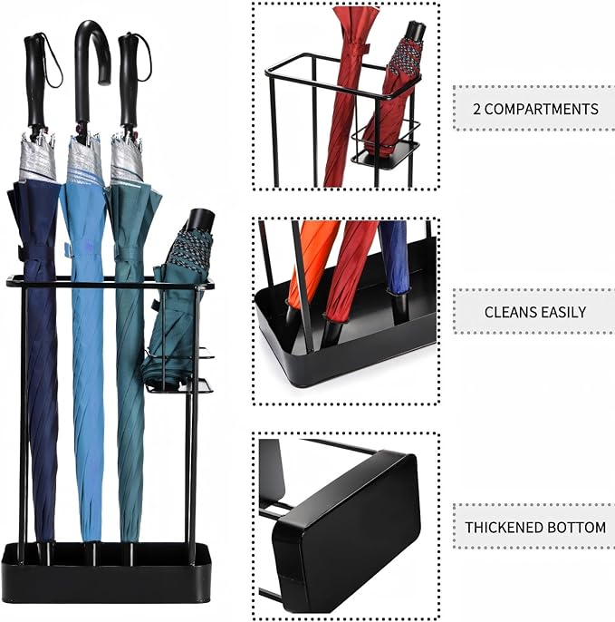 Umbrella Stand, Metal Umbrella Holder for Entryway, 17 × 11.2 × 6 Inches Umbrella Rack Organizer, Umbrella Holder Rack for Umbrella Storage, Office, Black, Rectangle
