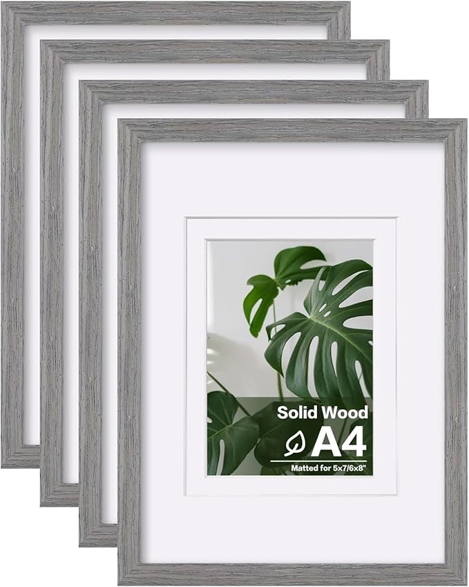Egofine A4 Picture Frames Set of 4, Made of Solid Wood Covered by Plexiglass 5x7 and 6x8 with Mat or A4 without Mat, for Table Top Display and Wall Mounting Photo Frame Light Grey
