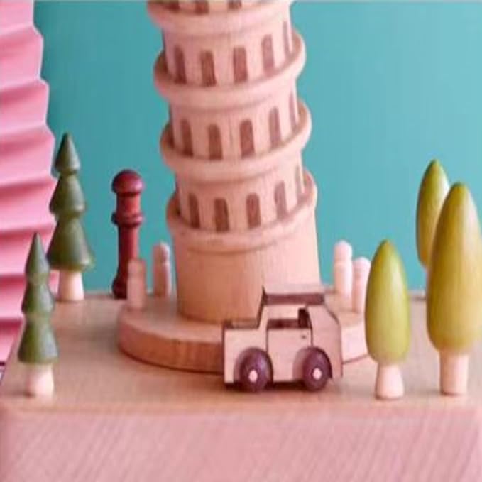 Natural Solid Wood Handcrafted Beech Wooden, Musical FigureTotoro/Carousel/Fairy/Ballerina Figurine,Rotating Hand Crank Mechanism Music Box,Musical Decorations (Leaning Tower of Pisa)