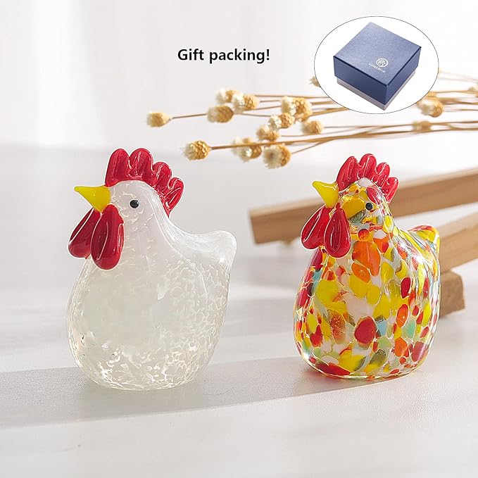 LONGWIN 2PCS Mini Glass Chicken Figurine Hand Blown Art Glass Rooster Animal Statues Collectible Figurines Unique Gift Home Decor Ornaments