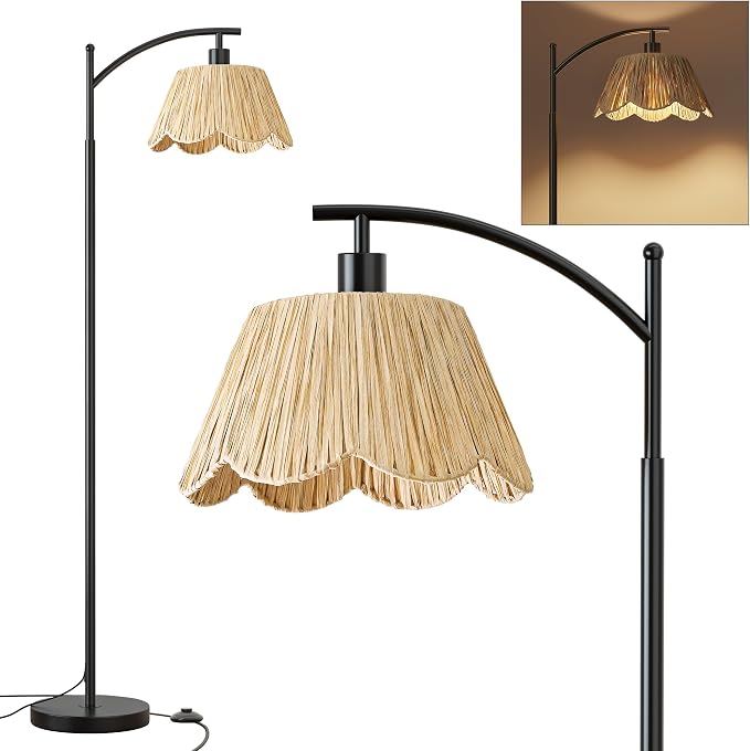 Oneach Boho Rattan Floor Lamp for Living Room, Farmhouse Standing Lamp with Hand-Woven Shade, Black Metal Base & Pole, Foot Switch - Corner Reading Lamp for Bedroom