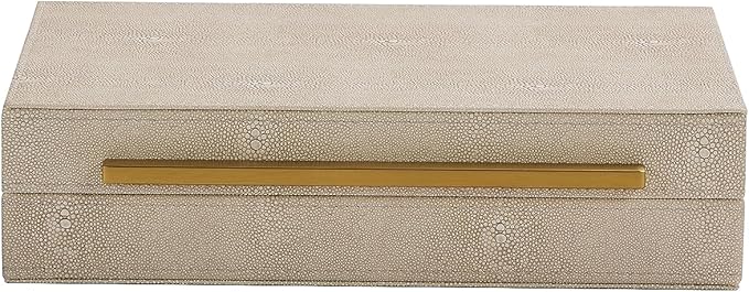 Kingflux Ivory Shagreen Decorative Box For Keepsake And Memory, Faux Leather Storage Box Jewelry Organizer Wooden Home Organizer Box For Accessory With Brushed Gold Handle (Ivory)