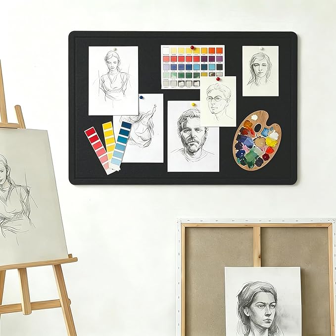 Cork Board Alternative, Decorative Foldable Felt Bulletin Board 24 * 16 Inches, Alternative Photo Board Self-Adhesive Vision Board, Decorative Pin Board (Rectangle Black)