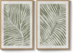 Framed Green Abstract Botanical Wall Art, 2 Piece Tropical Plant Canvas Painting Prints Artwork for Walls, Minimalist Boho Neutral Palm Leaf Pictures for Living Room Bedroom Kitchen Wall Decor, 24x36