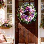 Spring Wreaths for Front Door Outside- 24 Inch Summer Wreath with Blush Pink Roses & Purple Blooms and Hydrangeas,Luxury Spring Door Wreath for Porch,Home,Wall,Window Decor(Indoor Outdoor Use)