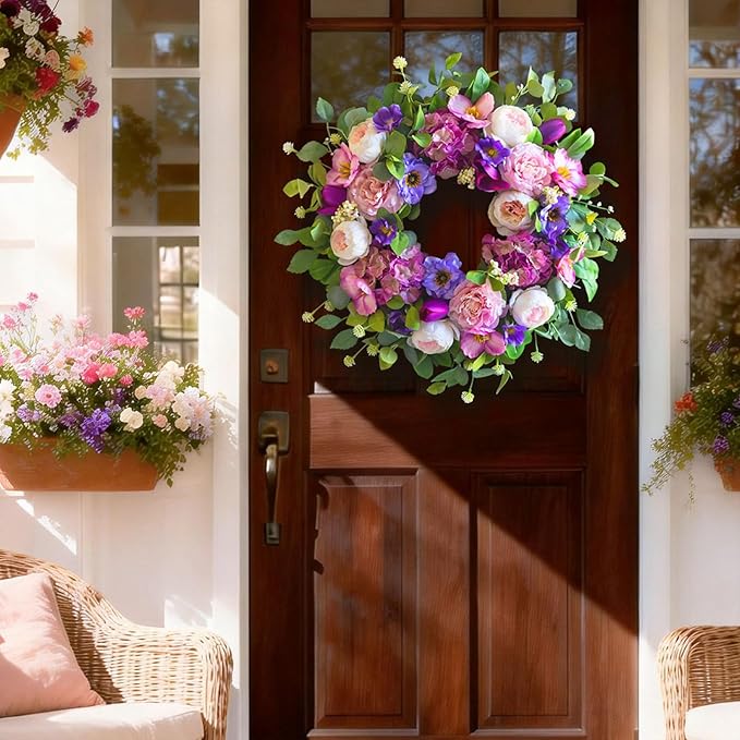 Spring Wreaths for Front Door Outside- 24 Inch Summer Wreath with Blush Pink Roses & Purple Blooms and Hydrangeas,Luxury Spring Door Wreath for Porch,Home,Wall,Window Decor(Indoor Outdoor Use)