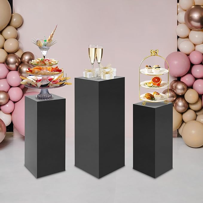 3 PCS Display Pedestal Stand, Metal Display Pedestal Stands Decoration Cube Sculpture Displays Column Square Displays Stands Pillars for Wedding Party Baby Shower Birthday (Black, 3PCS)