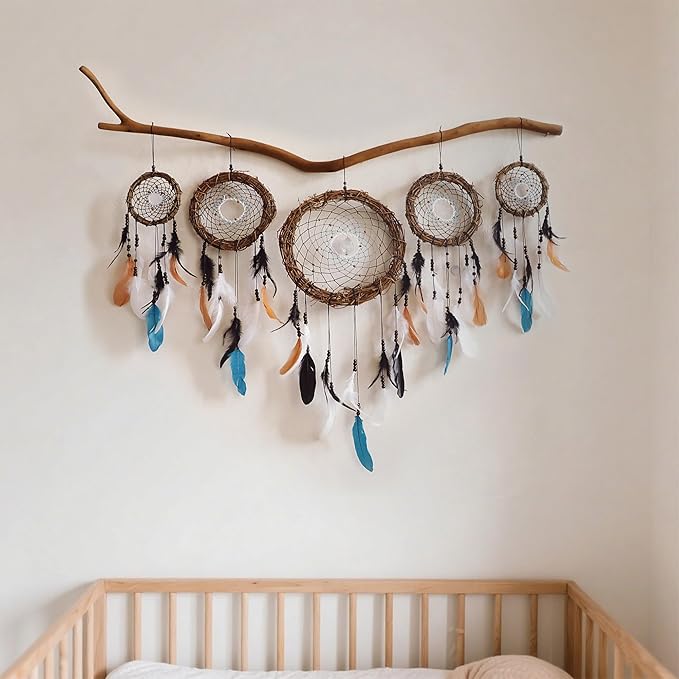 5 Pack Boho Dream Catcher Native American Wall Art Set, Handmade Natural Rattan Feathers Large Dreamcatcher Rustic Hanging Ornament Indian Wall Decor for Bedroom Adult