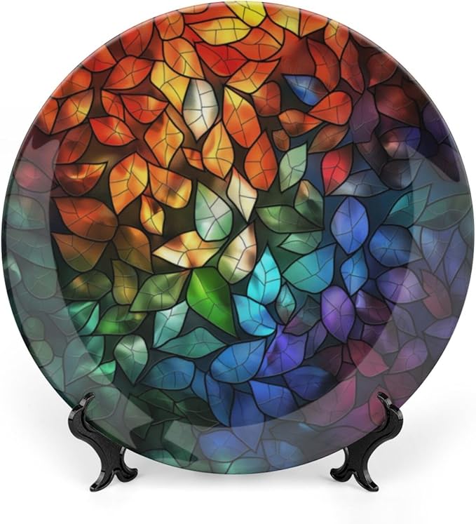 Stained Glass Theme Decorative Ceramic Plate Round Porcelain Plate,7 inch,Leaves Pattern,for Decorative Ornaments Giving Plates, 1 Plate with 1 Display Stand,Multicolor