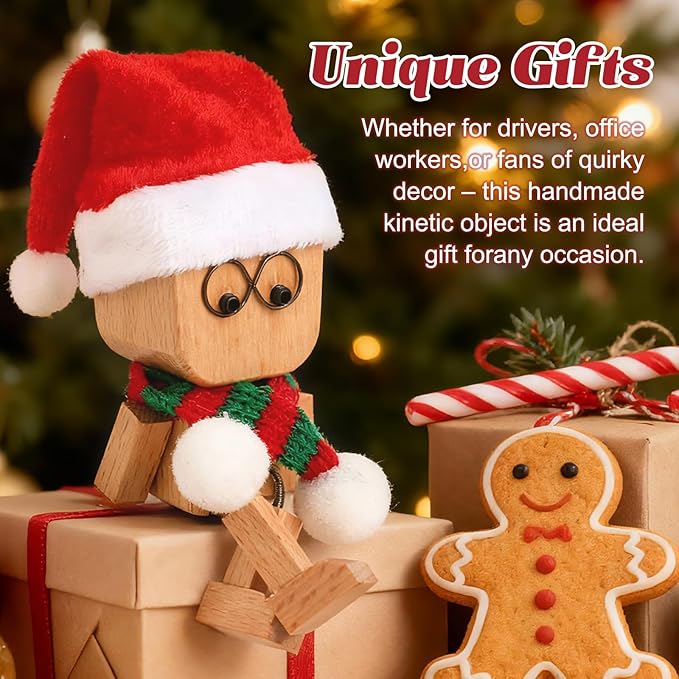 IMOLL Shaking Wooden Man Figurine with 12pcs Magnetic Expressions,Handmade Shaking Feet Wooden Doll,Car Dashboard Desktop Decor Christmas Decor Home&Qffice Decor (with Knit Beanie Hat + Scarf)