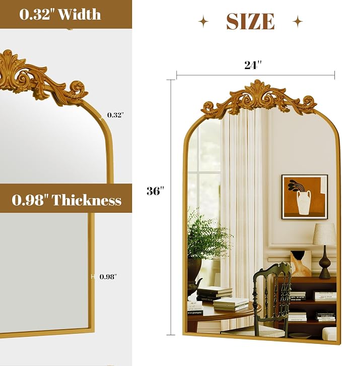 VooBang Vintage Arched Bathroom Mirror, 24x36 Inch Retro Wall Mounted Vanity Mirror with Carved Pattern Top and Metal Frame, Gold Decorative Mirror for Hanging or Leaning