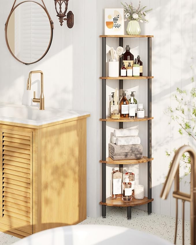 IBUYKE 5 Tier Corner Shelf Stand,Industrial Corner Display Rack,Corner Bookshelf for Living Room, Bedroom, Kitchen, Home Office, Brown WBC010H