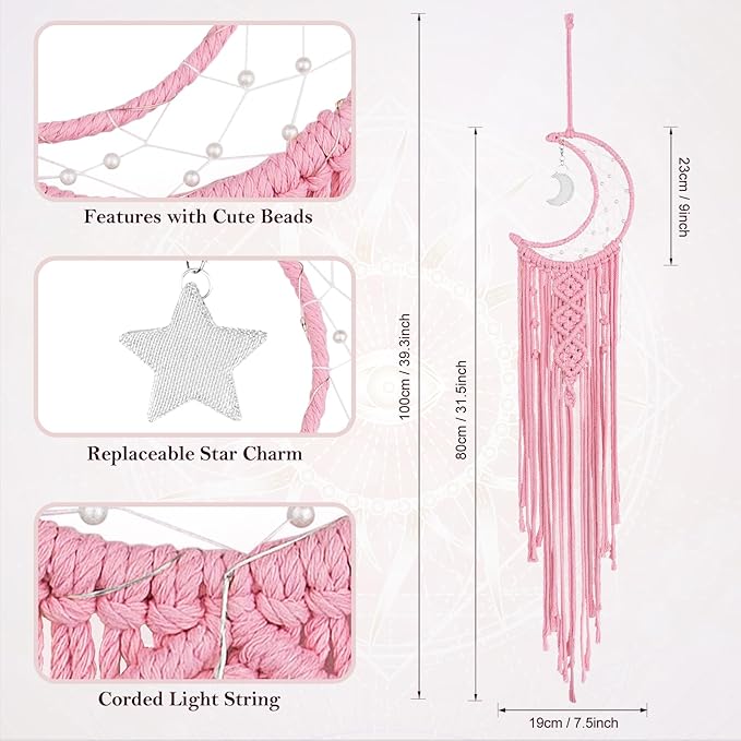 ANORYE Boho Macrame Woven Wall Hanging for Girl, Crochet Crescent Moon Star Dream Catcher with Light, Pink Cotton Handmade Bohemian Home Decor Decoration for Kids Nursery Bedroom Dorm Room