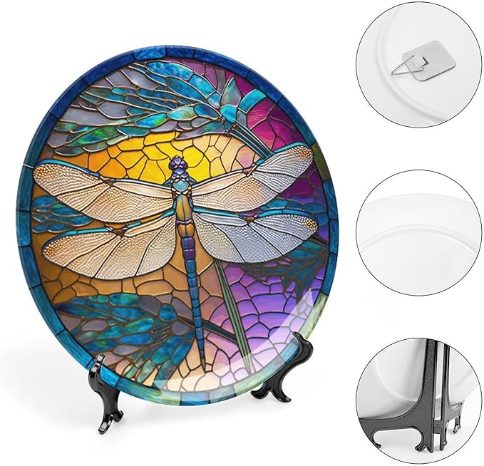 Decorative Plates for Wall Hanging, Stained Glass Window Design w/Dragonfly Ceramic Plate, Wobble-Plate with Display Stand, Home Decor for Kitchen Cabinets, Farmhouse Round Tray 7 Inch