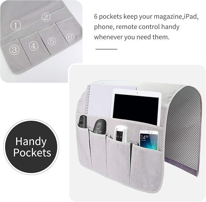 Sofa Armrest Organizer, Remote Control Holder for Recliner Couch, Arm Chair Caddy with 6 Pockets for Magazine, Tablet, Phone, iPad