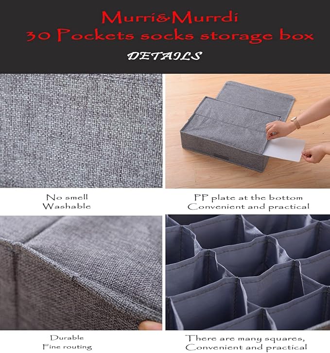 MURRI&MURRDI 2 Packs Sock and Underwear Storage Closet Organizer with Lids, 30 Cells Foldable Drawer Divider, Linen Cotton Storage Box Bin for Lingerie, Ties, Scarves, Grey