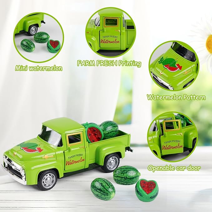 Watermelon Truck Decor, Vintage Green Pickup Truck with Farm Fresh Watermelon, Summer Farmhouse Tiered Tray Decor, Rustic Kitchen Tabletop Decorations for Home Office