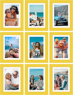 Vittanly 5x7 Picture Frames Set of 9, Shatter Resistant Plexiglass, Display 4x6 Pictures with Mat or 5x7 without Mat, Photo Frames for Wall or Tabletop, Engineered Wood, Yellow