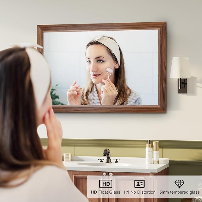 Bathroom Mirror for Over Sink,22x30Inch Thick Anti-Rust Wood Grain Metal Frame, Rectangle Decorative Wall Mirror with HD Tempered Glass, Horizontal or Vertical Mount for Vanity, Bathroom,Living Room