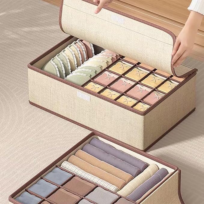 Underwear Sock Tie Storage Organizer with Lid, Foldable Closet Drawer Organizer 1+16 Cells, Drawer Fabric Foldable Cabinet Closet Storage Boxe (Grey)