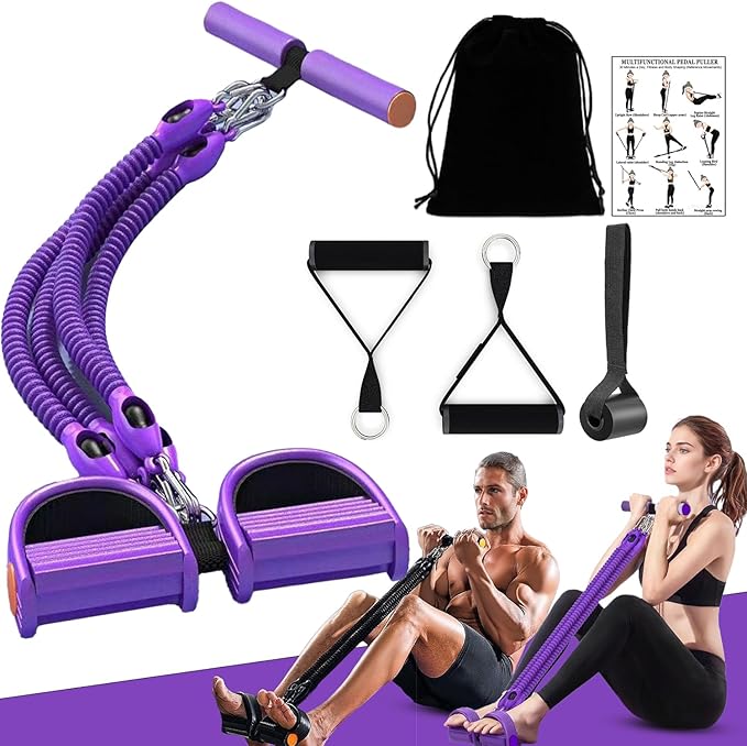 2026 Upgrade Foot Pedal Resistance Band, Adjustable 4-Tube Pedal Ankle Puller Resistance Band with Handle, Multifunction Home Gym Equipment, Stirrup Puller for Men Women for Full Body Exercise