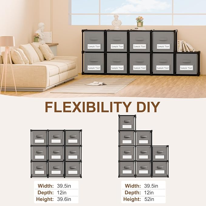 Geelin 9 Cube Storage Organizer with Fabric Bins and Labels 11 Inch, Fabric Collapsible Cubby Clothes Storage Drawer Dresser for Bedroom Living Room Office Organization